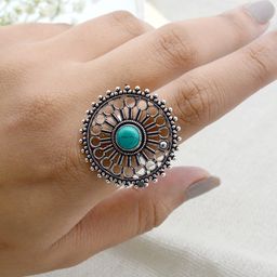 TEEJH Women Silver-Toned & Turquoise Blue Stone-Studded Oxidized Adjustable Finger Ring-picture-10