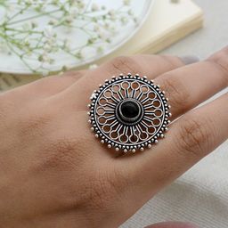 TEEJH Oxidised Silver-Toned Filigree Adjustable Finger Ring-picture-36
