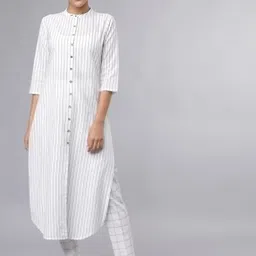 Vishudh Women Off-White & Navy Blue Striped Kurta with Trousers-image-83