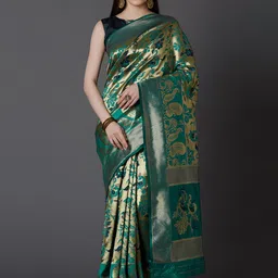 Mitera Green & Gold-Toned Silk Blend Woven Design Kanjeevaram Saree-picture-41