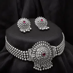 aadita Silver-Plated Stone-Studded Beaded Temple Jewellery Set-picture-27