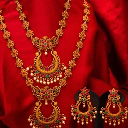 aadita Gold-Plated Pink & White Stone-Studded & Pearl-Beaded Temple Jewellery Set-picture-45