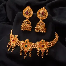 aadita Gold-Plated Red & Green Stone-Studded Tribal Jewellery Set-picture-28