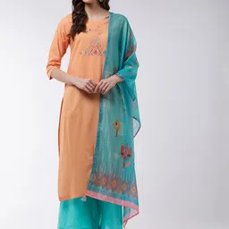 Pannkh Women Orange & Blue Embroidered Kurta with Palazzos & Dupatta-image-4