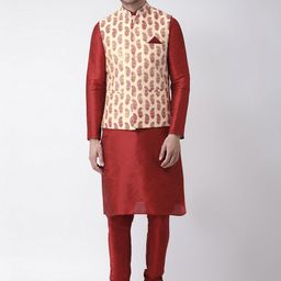 DEYANN Men Cream-Coloured & Red Printed Kurta Set-picture-19