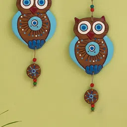 ExclusiveLane Brown & Blue Owls Handcrafted Garden Terracotta Decorative Wall Hanging-image-67
