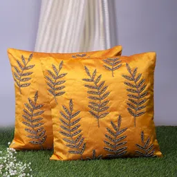 Alina decor Mustard & Gunmetal-Toned Set of 2 Embroidered Square Cushion Covers-picture-33