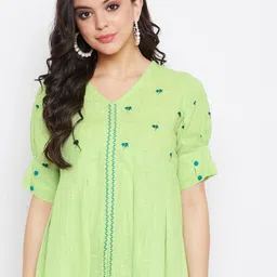 WineRed Green Floral Embroidered Puff Sleeves A-Line Top-picture-30