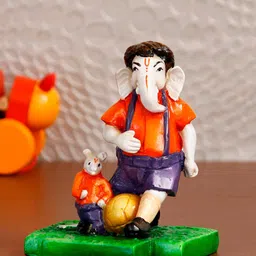 eCraftIndia Orange & Purple Lord Ganesha Playing Football With Mushak Handcrafted Decorative Figurine Showpiece-image-40
