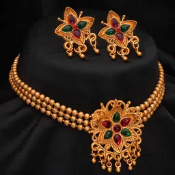 aadita Gold-Plated Red & Green Stone-Studded & Beaded Jewellery Set-picture-11