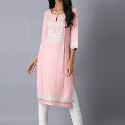 W Women Pink Yoke Design Keyhole Neck Thread Work Kurta-picture-47