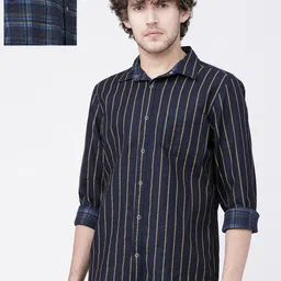 HIGHLANDER Men Navy Blue & Olive Green Slim Fit Striped Reversible Casual Shirt-image-0