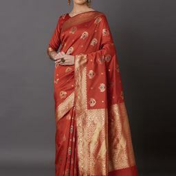 Mitera Orange & Gold-Toned Silk Blend Woven Design Kanjeevaram Saree-picture-17
