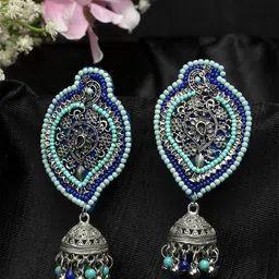 Moedbuille Turquoise Blue Beads Studded Oxidised Silver Plated Handcrafted Afghan Design Jhumkas-picture-10