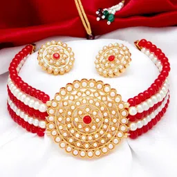 Sukkhi Gold-Plated Red & White Pearl-Studded Beaded Sustainable Jewellery Set-picture-20