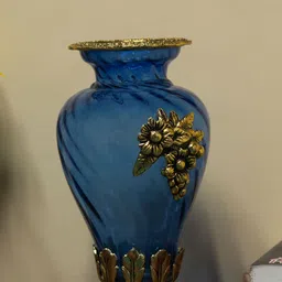 Homesake Blue & Gold-Toned Textured Large Flower Vase with Antique Grapevine Brooch-image-64