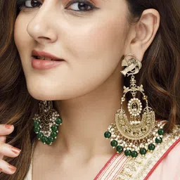 Rubans 18K Gold-Plated Big Chandbali Earrings with Bottle Green Beads & Pearl Accents-picture-12