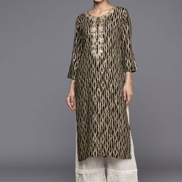 Varanga Women Black & Gold-Toned Embroidered Gotta Patti Block Print Kurta-picture-5