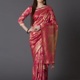 Mitera Pink & Gold-Toned Silk Blend Woven Design Kanjeevaram Saree-picture-25