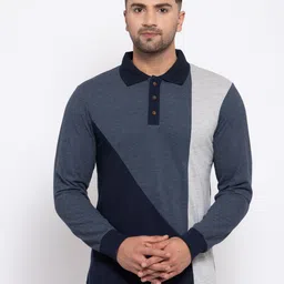 Kalt Men Navy Blue Colourblocked Polo Collar T-shirt-picture-36