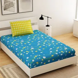 Salona Bichona Blue & Yellow Floral 144 TC Single Bedsheet with 1 Pillow Covers-image-6