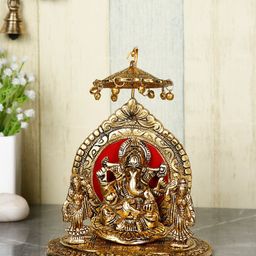 CraftVatika Gold-Toned & Red Handcrafted Lord Ganesha Riddhi Siddhi Chatra Statue Showpiece-picture-49