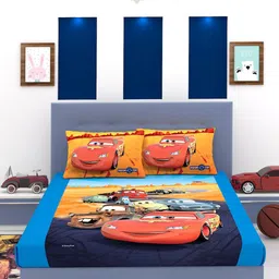 Disney Blue & Yellow Cartoon Characters 180 TC Cotton 1 King Bedsheet with 2 Pillow Covers-image-39
