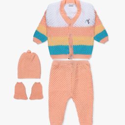 Superminis Unisex Kids Peach-Coloured & White Striped Top with Trousers, Cap & Booties-picture-1