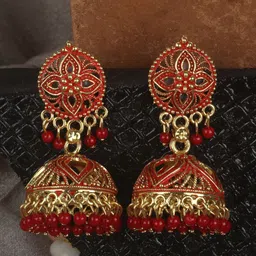 ANIKAS CREATION Red Dome Shaped Jhumkas image 1