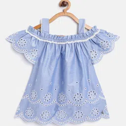 Cherry Crumble Girls Blue & White Schiffli Embroidered A-Line Cotton Top-picture-20