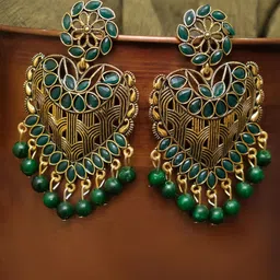 Crunchy Fashion Gold-Plated & Green Heart Shaped Kundan Dangler Drop Earrings-image-17
