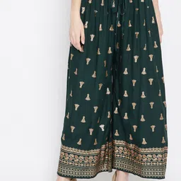 Clora Creation Women Green & Gold-Toned Printed Flared Palazzos-image-4