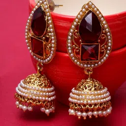 ANIKAS CREATION Maroon & Gold-Toned Teardrop Shaped Jhumkas-picture-12