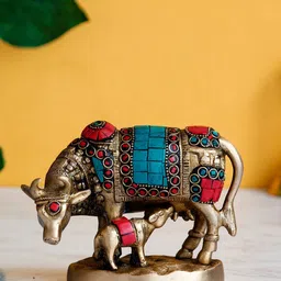 eCraftIndia Red & Blue Handcrafted Brass Cow Idol Figurine Showpieces-picture-22