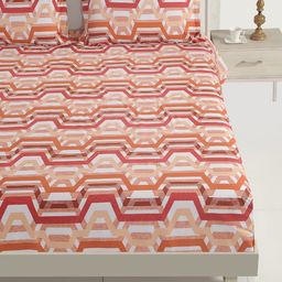 SWAYAM Peach-Coloured Geometric Fitted 144 TC Cotton 1 King Bedsheet with 2 Pillow Covers-picture-21