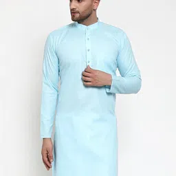 Jompers Men Turquoise Blue Solid Cotton Straight Kurta-picture-12