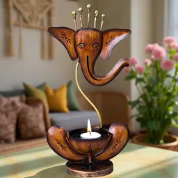 Golden Peacock Handcrafted and Handpainted Iron Ganesha Tea Light Candle Holder - Brown-image-12