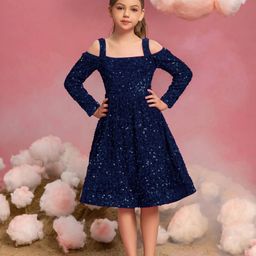 DP FABRICS Girls Embellished Sequined Cold-Shoulder Sleeves A-Line Midi Dress-picture-0