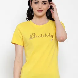 DOOR74 Women Yellow Printed Round Neck T-shirt-image-71