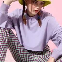 Roadster Women Charming Lavender Solid Super Cropped Sweatshirt-picture-10