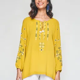Global Desi Geometric Embroidered Tie-Up Neck Top-image-63