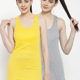 Friskers Women Pack Of 2 Grey & Yellow Solid Longline Tank Tops-picture-33