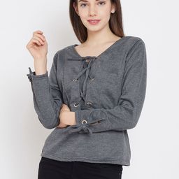 Belle Fille Women Charcoal Grey Solid Winter Top-picture-9