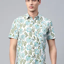 Hatheli Men White Floral Hand Block Printed Casual Shirt-image-46