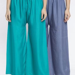 GRACIT Women Grey & Turquoise Blue Set of 2 Solid Wide Leg Palazzos-picture-36