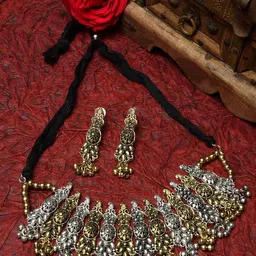 Moedbuille Gold-Plated & Silver-Toned Tribal Temple Design Filligree Work Antique Gold Plated Handcrafted Choker Jewellery Set-picture-30