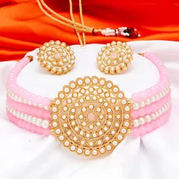 Sukkhi Gold-Plated Pink & White Pearl-Studded Beaded Sustainable Jewellery Set-image-79