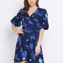 Oxolloxo Women Blue Floral Printed Wrap Dress-image-77