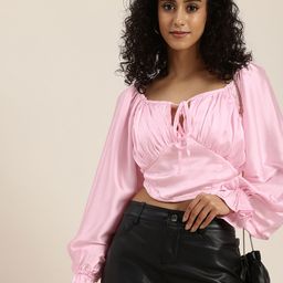 HERE&NOW Tie-Up Neck Puff Sleeves Gathered or Pleated Smocked Detail Top-picture-30
