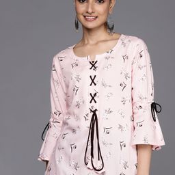 Libas Women Pink & Black Floral Printed Pure Cotton Lace-Up Detail Kurta-picture-10